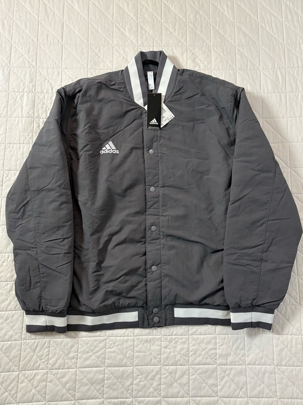 adidas Base Coach Padded Snap Front Bomber Jacket - Grey Mens Size XL NWT $120